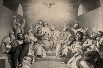 The coming of the Holy Spirit: Tongues of fire descend on the apostles at Pentecost.