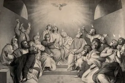 The coming of the Holy Spirit: Tongues of fire descend on the apostles at Pentecost.