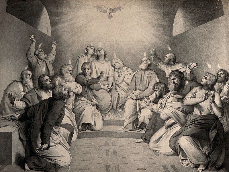 The coming of the Holy Spirit: Tongues of fire descend on the apostles at Pentecost.