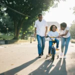 Man Standing Beside His Wife Teaching Their Child How to Ride Bicycle