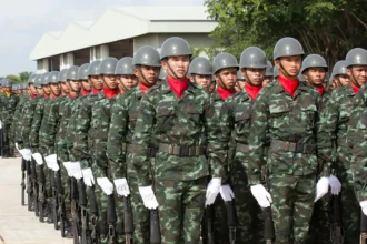 Serious ethnic soldiers lining up during military ceremony