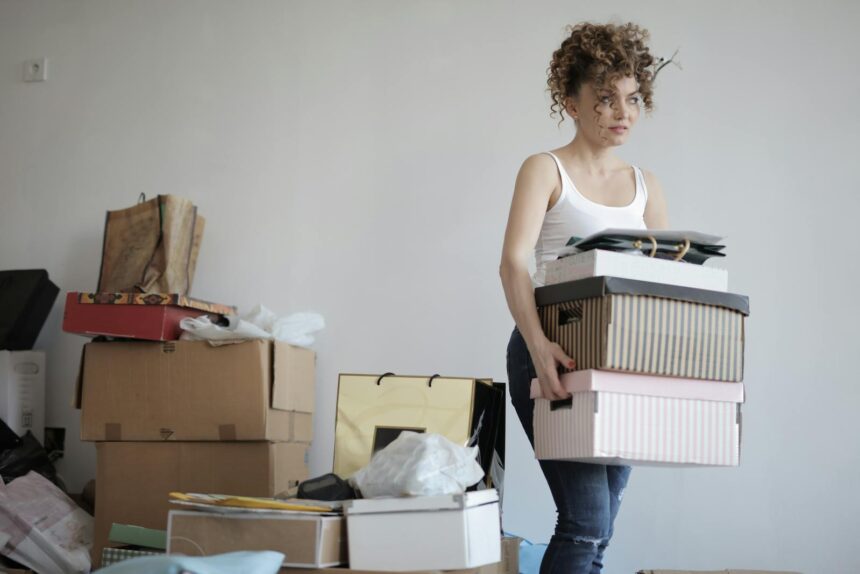 Uses Of Personal And Family Resources: A young woman carrying boxes during a move into a new apartment, surrounded by packed belongings.