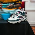 Guidelines For Care Of Personal Belongings : Close-up of Nike sneaker with cleaning supplies on a black table indoors.